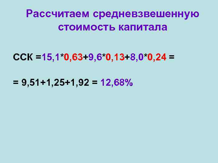 Рассчитаем средневзвешенную стоимость капитала ССК =15, 1*0, 63+9, 6*0, 13+8, 0*0, 24 = =