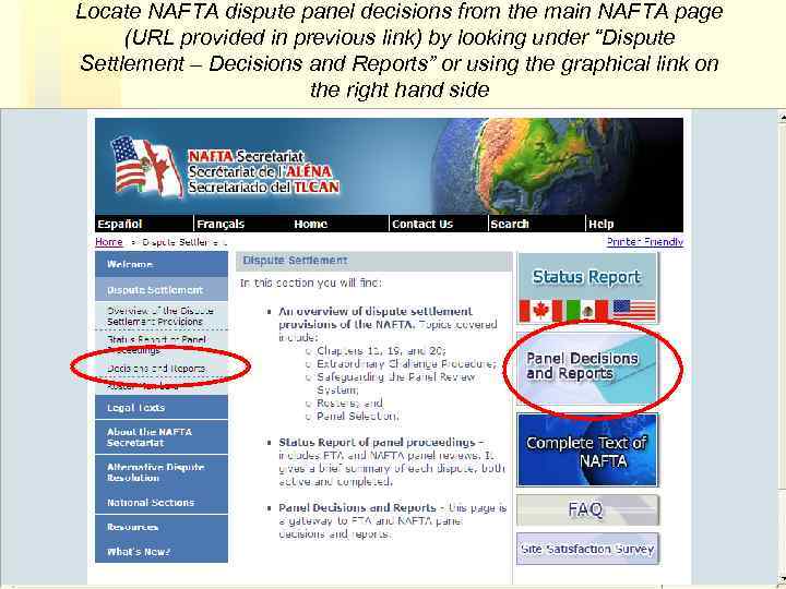 Locate NAFTA dispute panel decisions from the main NAFTA page (URL provided in previous