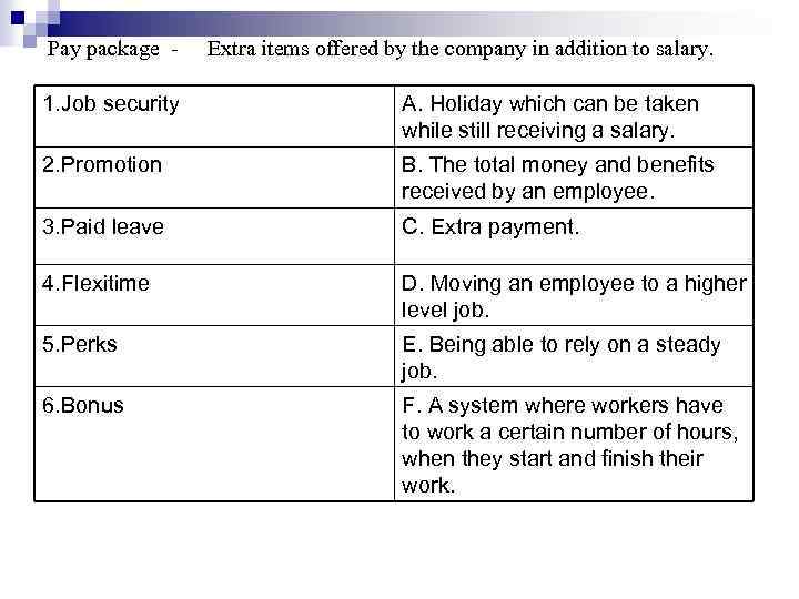 Pay package - Extra items offered by the company in addition to salary. 1.