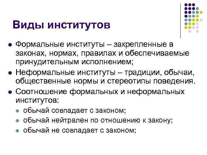 Виды институтов l l l Формальные институты – закрепленные в законах, нормах, правилах и