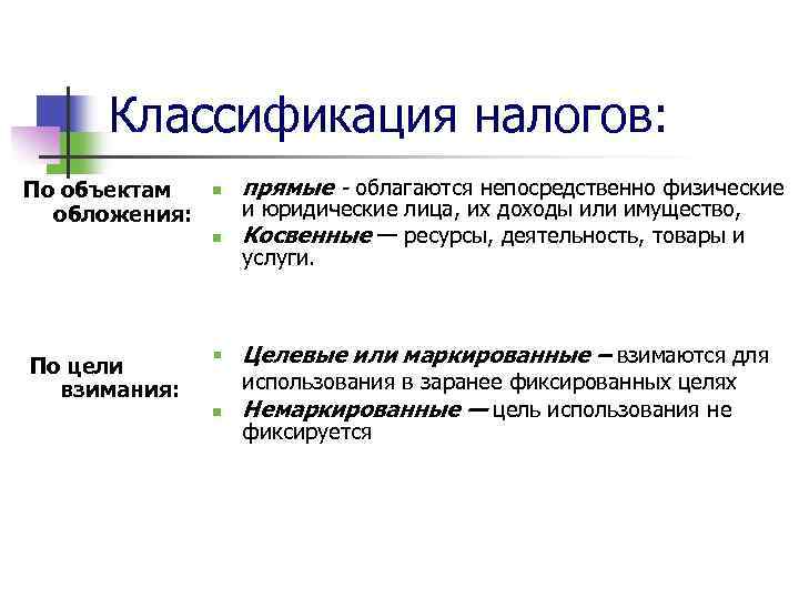 Классификация налогов: По объектам обложения: n n По цели взимания: прямые - облагаются непосредственно