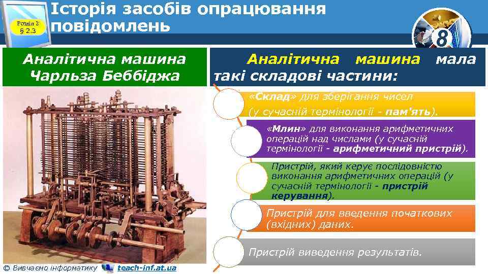 Розділ 2 § 2. 3 Історія засобів опрацювання повідомлень Аналітична машина Чарльза Беббіджа Аналітична