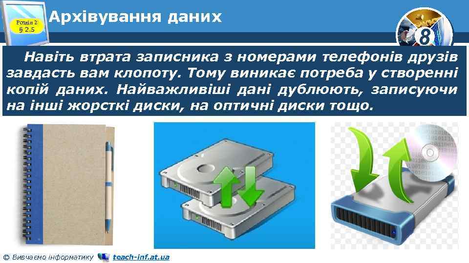 Розділ 2 § 2. 5 Архівування даних 8 Навіть втрата записника з номерами телефонів