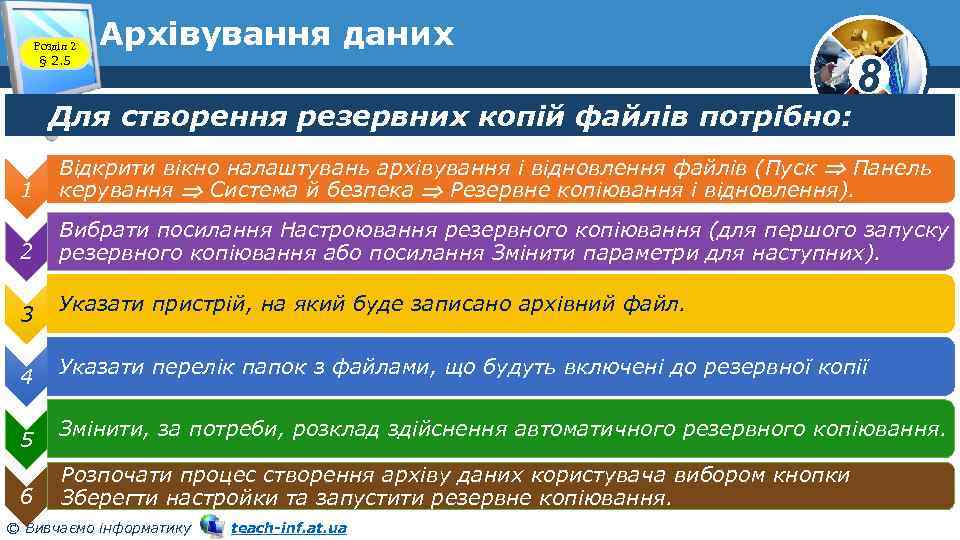 Розділ 2 § 2. 5 Архівування даних Для створення резервних копій файлів потрібно: 8