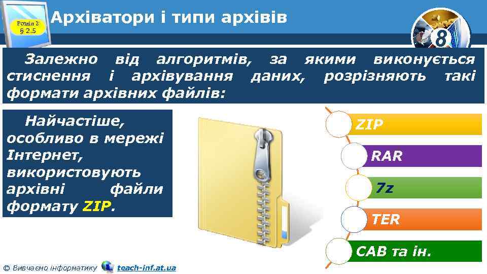 Розділ 2 § 2. 5 Архіватори і типи архівів 8 Залежно від алгоритмів, за