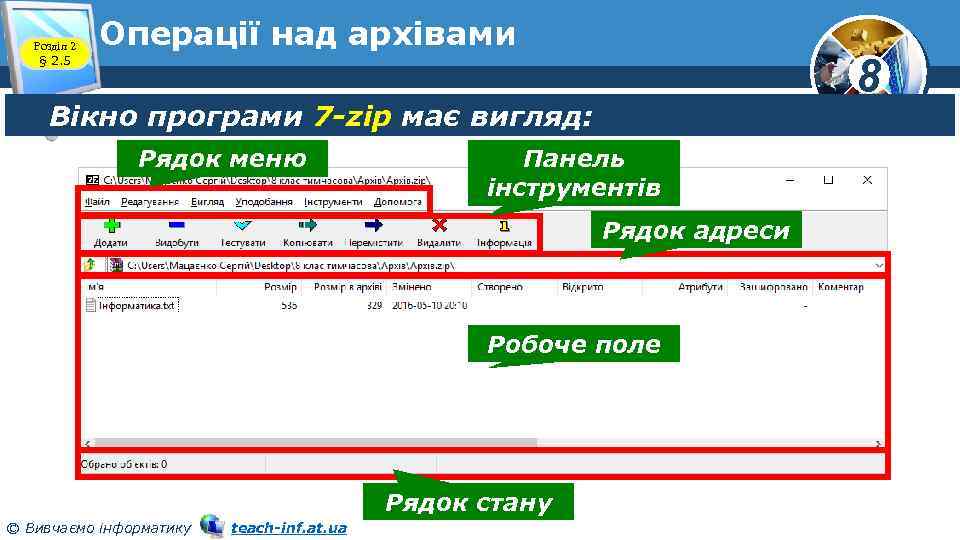 Розділ 2 § 2. 5 Операції над архівами 8 Вікно програми 7 -zip має