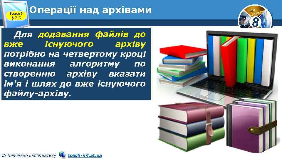 Розділ 2 § 2. 5 Операції над архівами Для додавання файлів до вже існуючого