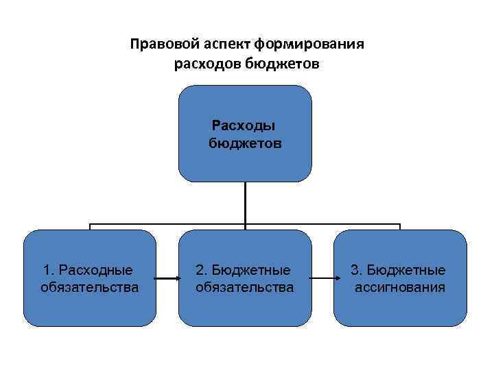 Правовой аспект формирования расходов бюджетов Расходы бюджетов 1. Расходные обязательства 2. Бюджетные обязательства 3.