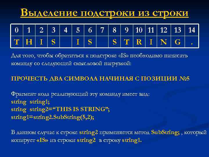 Выделение подстроки из строки 0 1 2 3 4 5 6 7 8 9