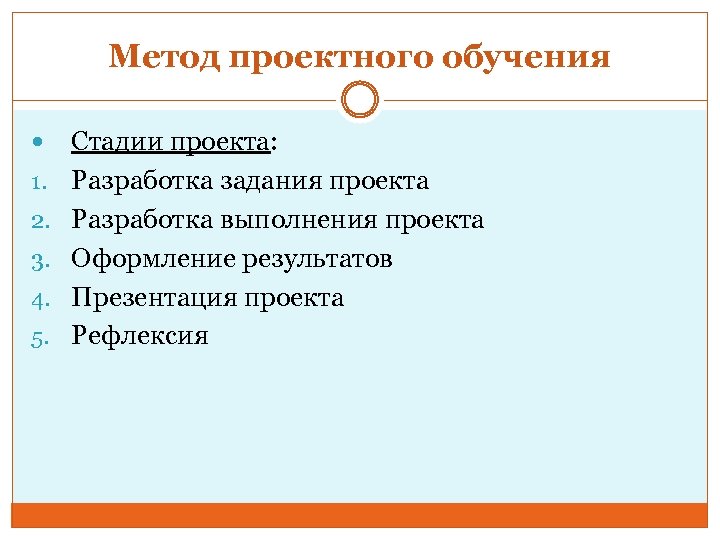 Метод проектного обучения 1. 2. 3. 4. 5. Стадии проекта: Разработка задания проекта Разработка