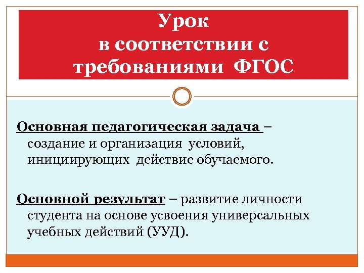 Урок в соответствии с требованиями ФГОС Основная педагогическая задача – создание и организация условий,