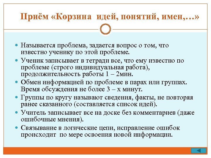 Приём «Корзина идей, понятий, имен, …» Называется проблема, задается вопрос о том, что известно