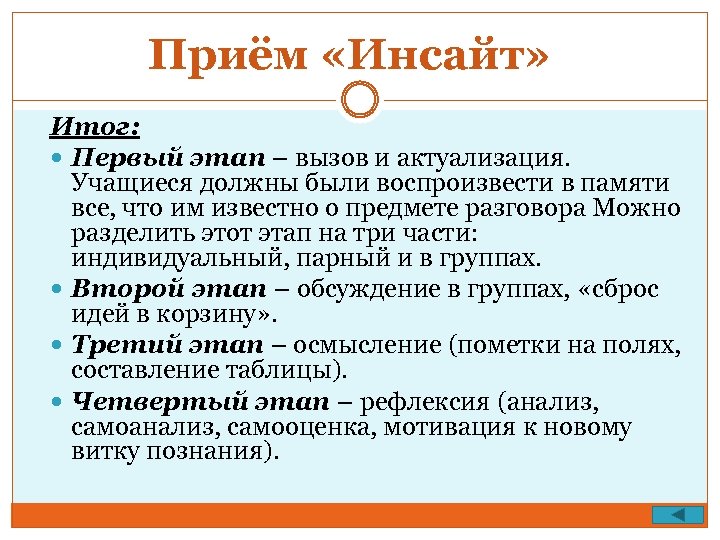 Приём «Инсайт» Итог: Первый этап – вызов и актуализация. Учащиеся должны были воспроизвести в