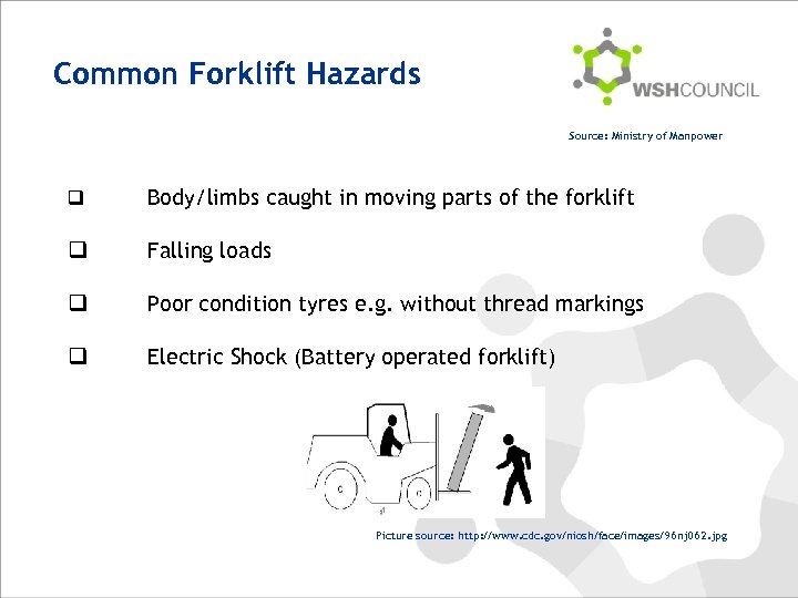 Common Forklift Hazards Source: Ministry of Manpower q Body/limbs caught in moving parts of