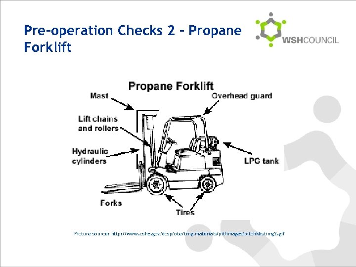 Pre-operation Checks 2 – Propane Forklift Picture source: http: //www. osha. gov/dcsp/ote/trng-materials/pit/images/pitchklistimg 2. gif