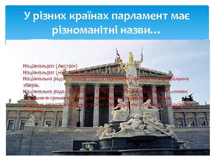 У різних країнах парламент має різноманітні назви… Національрат (Австрія) Національрат (нім. Nationalrat), Національна рада