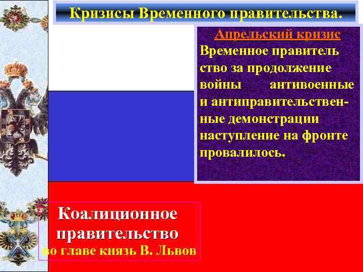 Кризисы Временного правительства. Апрельский кризис Временное правитель ство за продолжение войны антивоенные и антиправительственные