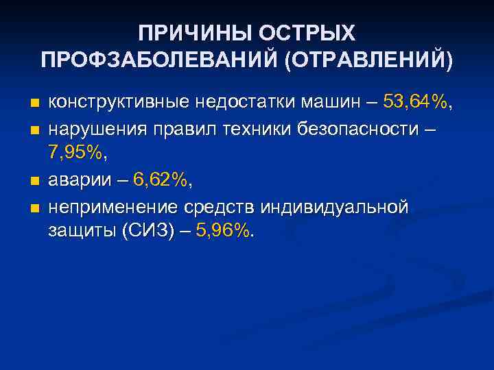 ПРИЧИНЫ ОСТРЫХ ПРОФЗАБОЛЕВАНИЙ (ОТРАВЛЕНИЙ) n n конструктивные недостатки машин – 53, 64%, нарушения правил