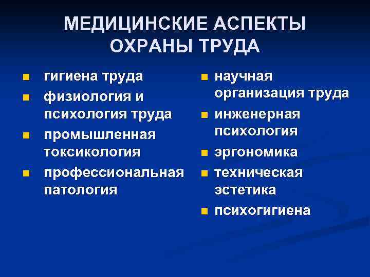 МЕДИЦИНСКИЕ АСПЕКТЫ ОХРАНЫ ТРУДА n n гигиена труда физиология и психология труда промышленная токсикология