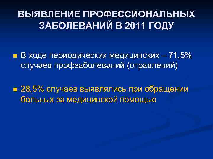 ВЫЯВЛЕНИЕ ПРОФЕССИОНАЛЬНЫХ ЗАБОЛЕВАНИЙ В 2011 ГОДУ n В ходе периодических медицинских – 71, 5%