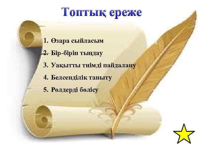 Топтық ереже 1. Өзара сыйласым 2. Бір-бірін тыңдау 3. Уақытты тиімді пайдалану 4. Белсенділік