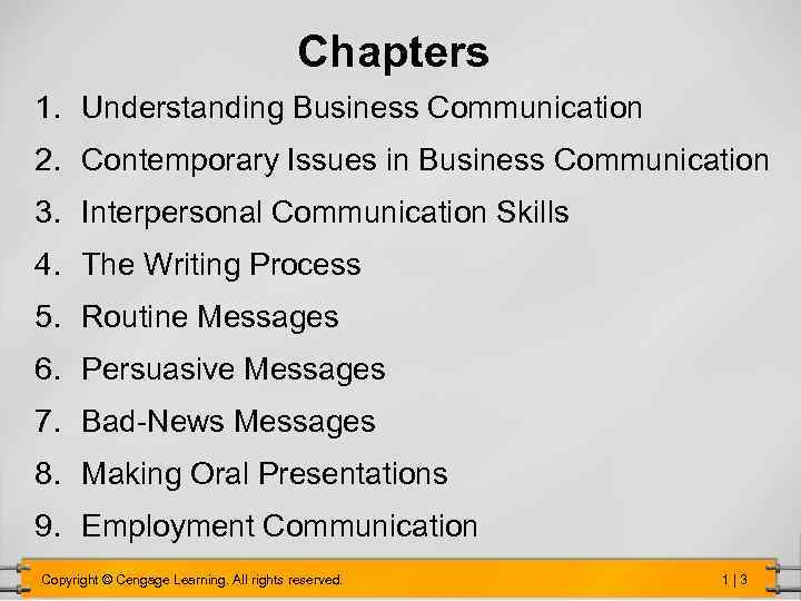 Chapters 1. Understanding Business Communication 2. Contemporary Issues in Business Communication 3. Interpersonal Communication