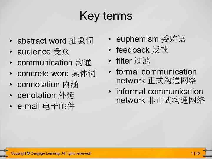 Key terms • • abstract word 抽象词 audience 受众 communication 沟通 concrete word 具体词
