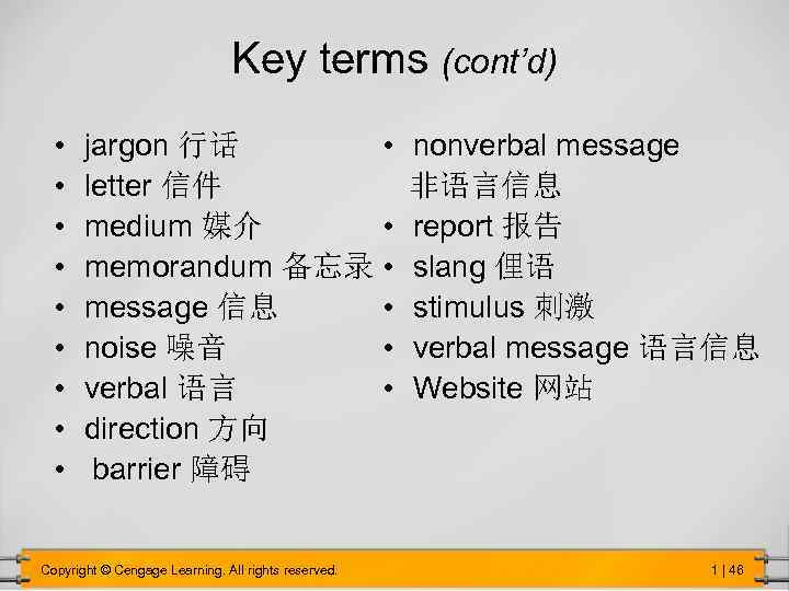 Key terms (cont’d) • • • jargon 行话 • nonverbal message letter 信件 非语言信息