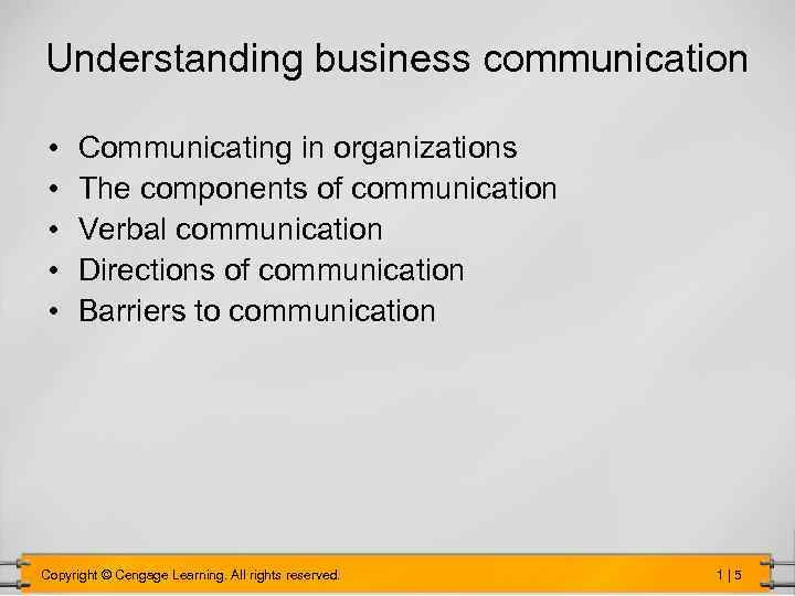 Understanding business communication • • • Communicating in organizations The components of communication Verbal