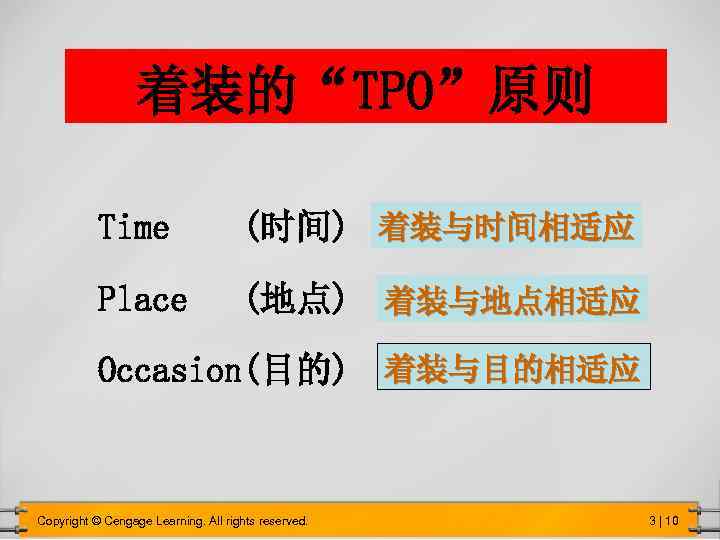 着装的“TPO”原则 Time 着装与时间相适应 (时间)　 Place (地点)　着装与地点相适应 Occasion(目的) 着装与目的相适应 Copyright © Cengage Learning. All rights