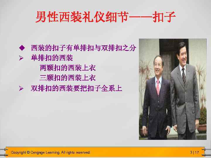 男性西装礼仪细节——扣子 u 西装的扣子有单排扣与双排扣之分 Ø 单排扣的西装 两颗扣的西装上衣 三颗扣的西装上衣 Ø 双排扣的西装要把扣子全系上 Copyright © Cengage Learning. All