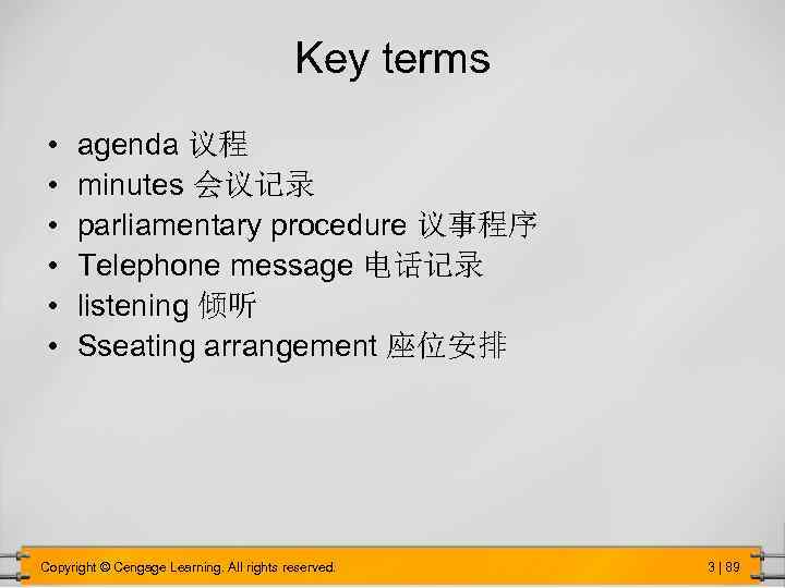 Key terms • • • agenda 议程 minutes 会议记录 parliamentary procedure 议事程序 Telephone message