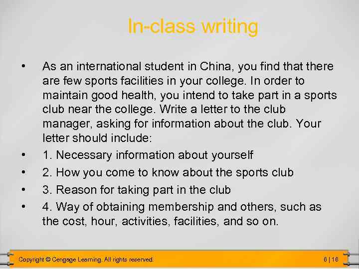 In-class writing • • • As an international student in China, you find that