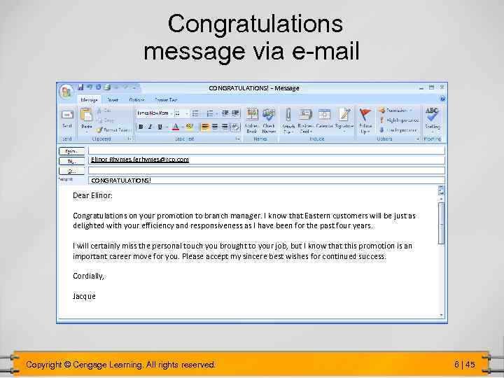 Congratulations message via e-mail CONGRATULATIONS! - Message Elinor Rhymes (erhymes@rcp. com CONGRATULATIONS! Dear Elinor: