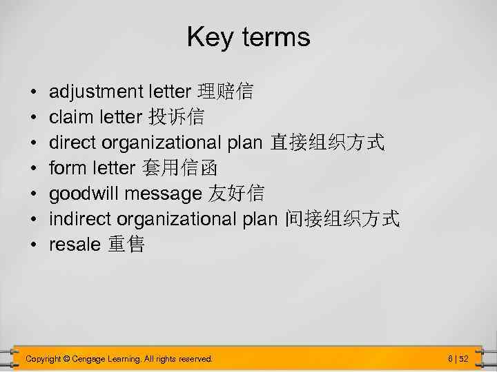 Key terms • • adjustment letter 理赔信 claim letter 投诉信 direct organizational plan 直接组织方式
