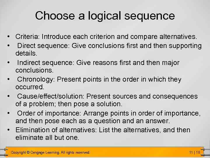 Choose a logical sequence • Criteria: Introduce each criterion and compare alternatives. • Direct