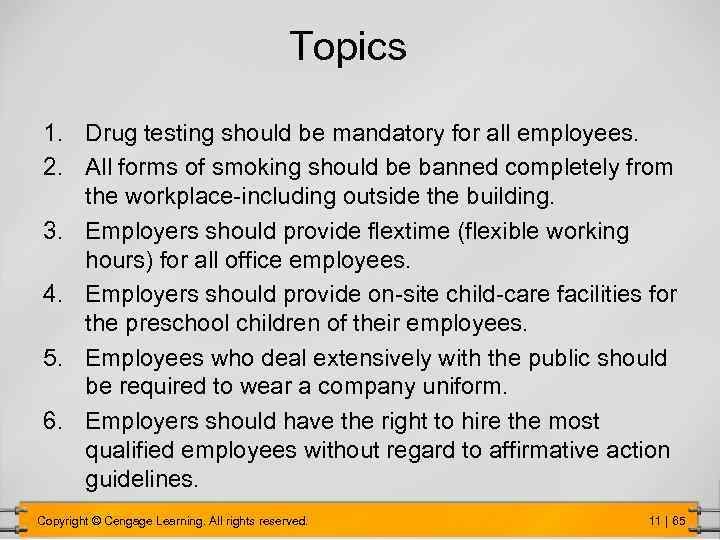 Topics 1. Drug testing should be mandatory for all employees. 2. All forms of