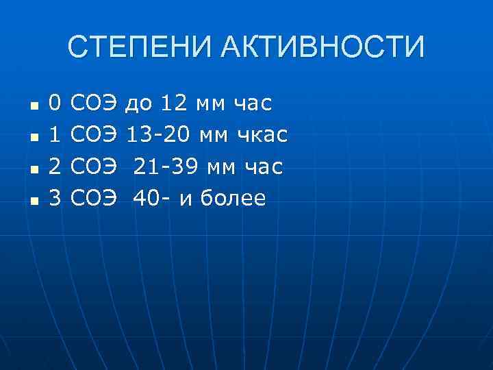СТЕПЕНИ АКТИВНОСТИ n n 0 1 2 3 СОЭ СОЭ до 12 мм час