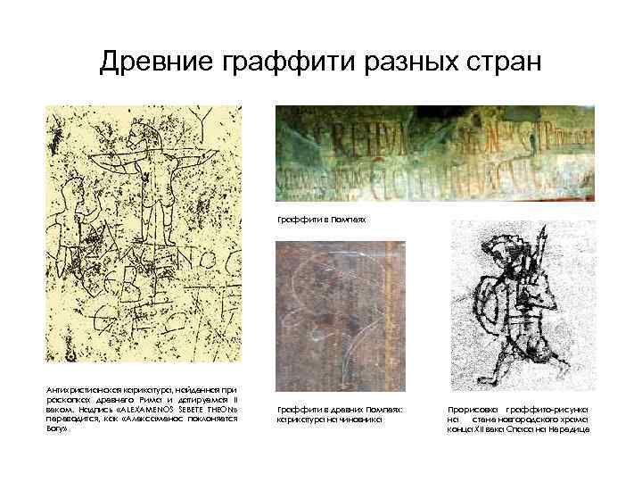Древние граффити разных стран Граффити в Помпеях Антихристианская карикатура, найденная при раскопках древнего Рима