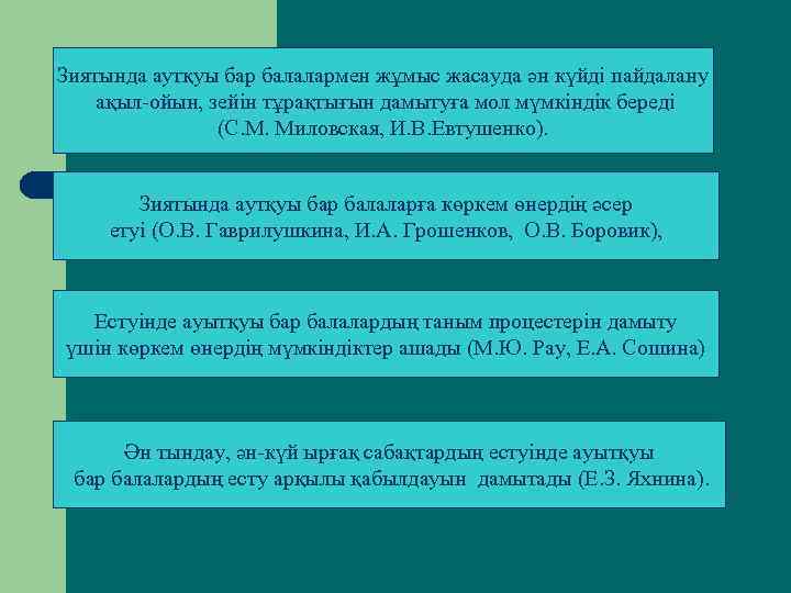 Зиятында аутқуы бар балалармен жұмыс жасауда ән күйді пайдалану ақыл-ойын, зейін тұрақтығын дамытуға мол