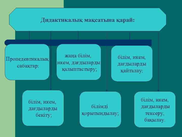 Дидактикалық мақсатына қарай: Пропедевтикалық сабақтар; жаңа білім, икем, дағдыларды қалыптастыру; білім, икем, дағдыларды бекіту;