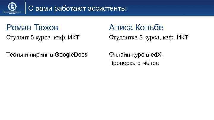 С вами работают ассистенты: Роман Тюхов Алиса Кольбе Студент 5 курса, каф. ИКТ Студентка