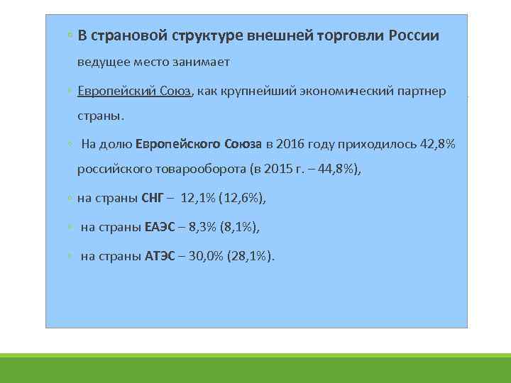 ◦ В страновой структуре внешней торговли России ведущее место занимает ◦ Европейский Союз, как