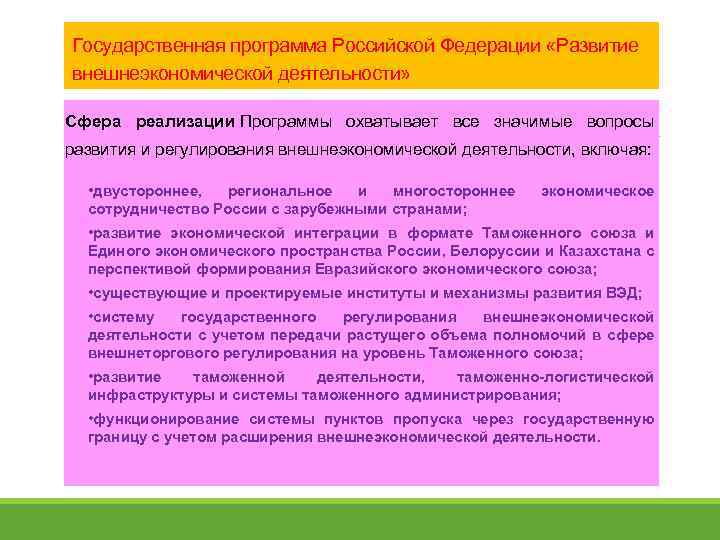 Государственная программа Российской Федерации «Развитие внешнеэкономической деятельности» Сфера реализации Программы охватывает все значимые вопросы