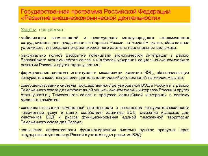 Государственная программа Российской Федерации «Развитие внешнеэкономической деятельности» Задачи программы : • мобилизация возможностей и