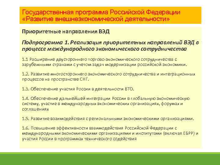 Государственная программа Российской Федерации «Развитие внешнеэкономической деятельности» Приоритетные направления ВЭД Подпрограмма 1. Реализация приоритетных