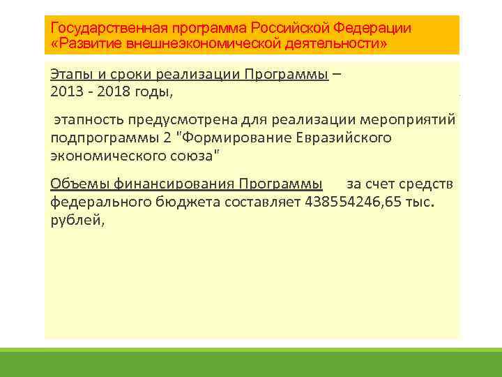 Государственная программа Российской Федерации «Развитие внешнеэкономической деятельности» Этапы и сроки реализации Программы – 2013