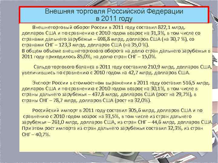 Внешняя торговля Российской Федерации в 2011 году Внешнеторговый оборот России в 2011 году составил