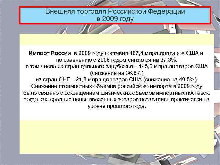 Внешняя торговля Российской Федерации в 2009 году Импорт России в 2009 году составил 167,