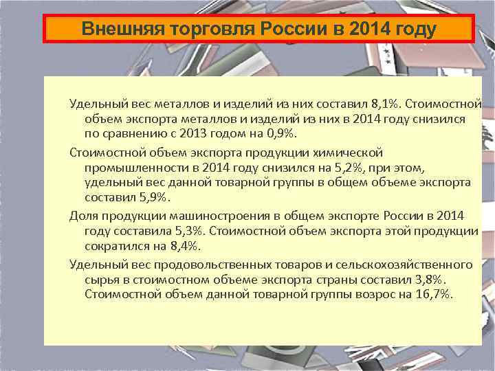 Внешняя торговля России в 2014 году Удельный вес металлов и изделий из них составил